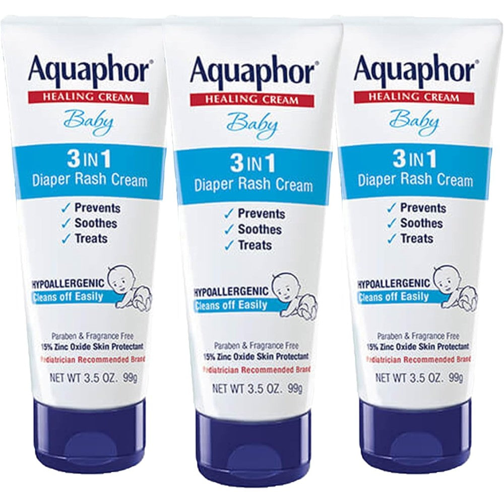 Aquaphor Baby Diaper Rash Cream front view three pack for infant skin care