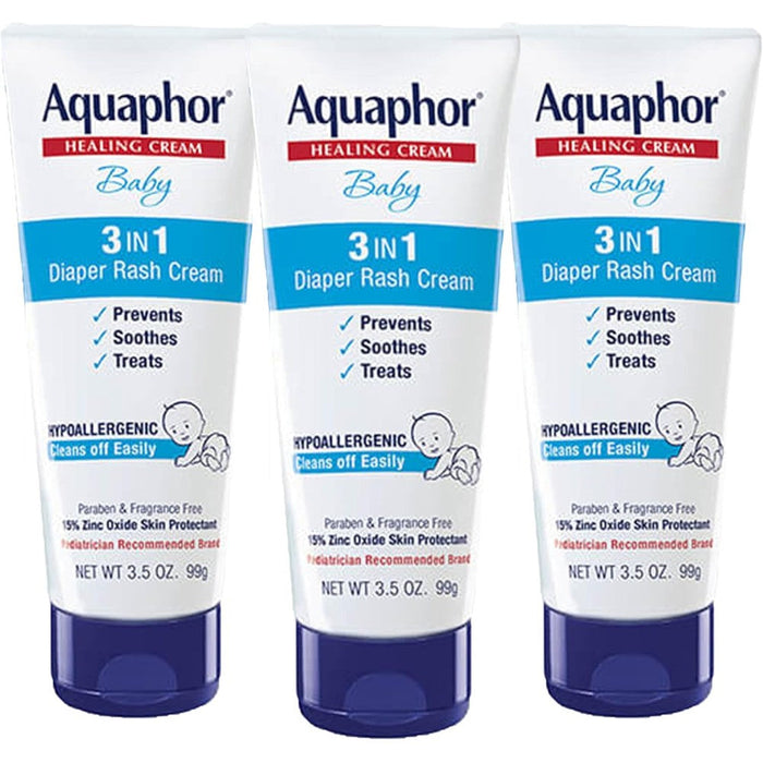 Aquaphor Baby Diaper Rash Cream front view three pack for infant skin care