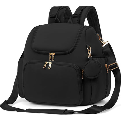 CEI-CEI Neoprene Diaper Bag Backpack in black color showing front view with gold zippers