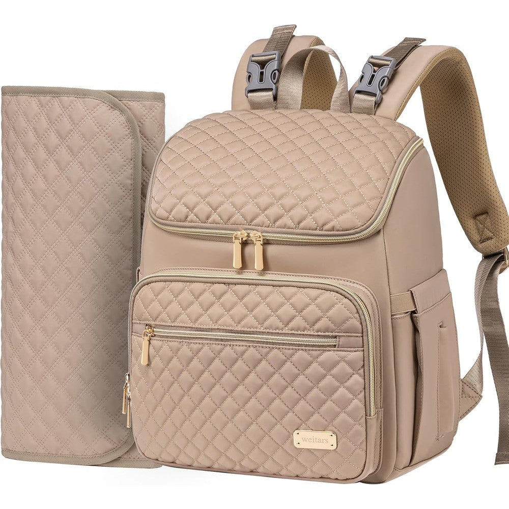Weitars diaper bag backpack front view with quilted khaki design