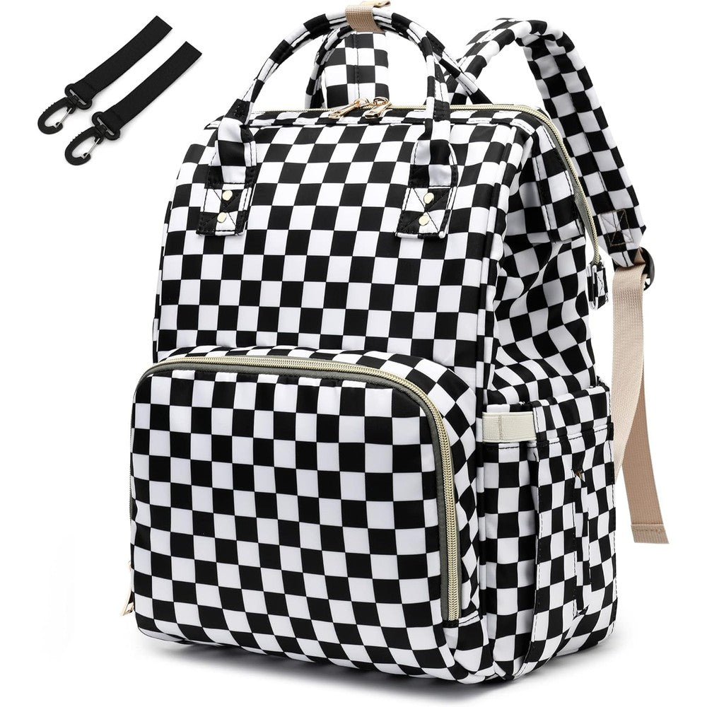 Yusudan checkered diaper bag backpack front view with stylish pink pattern