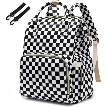 Yusudan checkered diaper bag backpack front view showcasing the pink and white pattern.