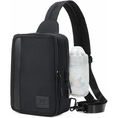 Myhozee sling bag crossbody backpack purse in black showing front view with wet wipes pocket flap