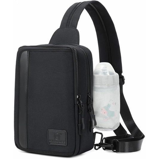Myhozee sling bag crossbody backpack purse in black showing front view with wet wipes pocket flap