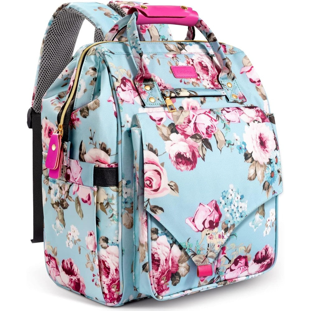 LitBear diaper bag backpack front view in rose flower pink print