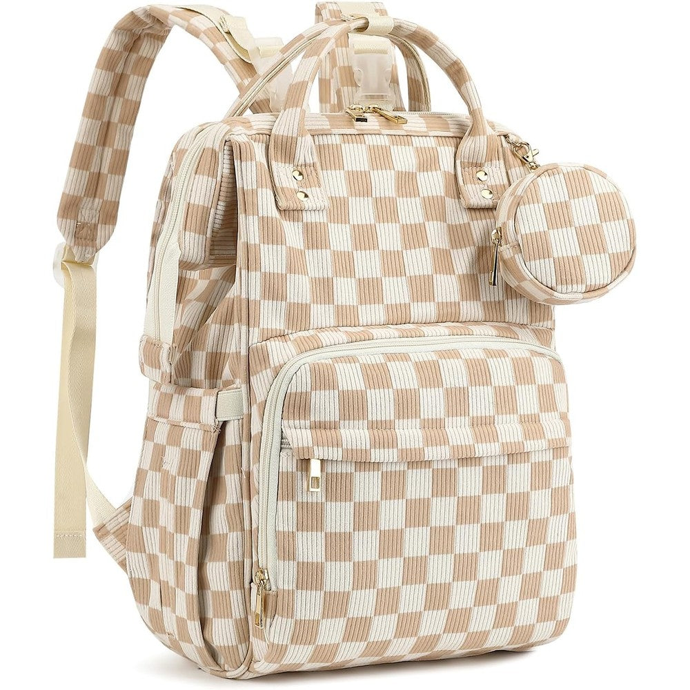 Fufazfo corduroy diaper bag backpack checkered brown front view