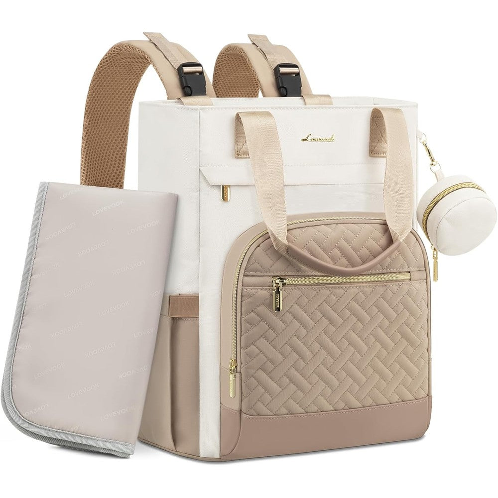 LOVEVOOK diaper bag backpack front view in ivory khaki