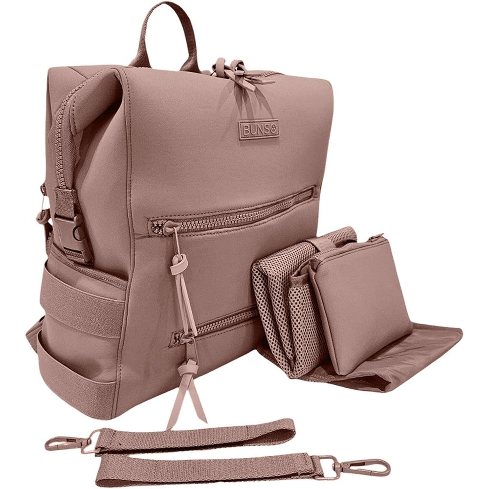 Bunso Baby Neoprene Diaper Bag Backpack in mauve front view showcasing minimalist design