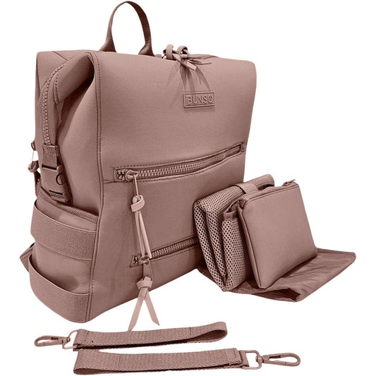 Bunso Baby Neoprene Diaper Bag Backpack in mauve front view showcasing minimalist design