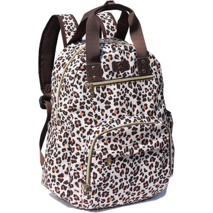 ESVAN diaper bag backpack canvas leopard print front view showing zippered compartments