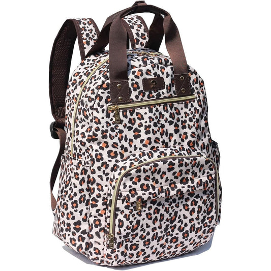 ESVAN diaper bag backpack canvas leopard print front view showing zippered compartments