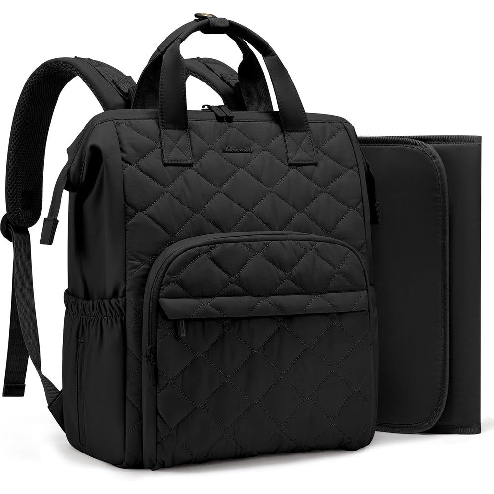 LOVEVOOK small diaper bag backpack front view in black quilted design.