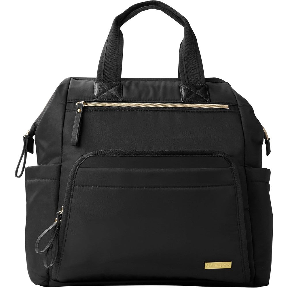Skip Hop Mainframe Large Capacity Diaper Bag Backpack in black with gold trim front view