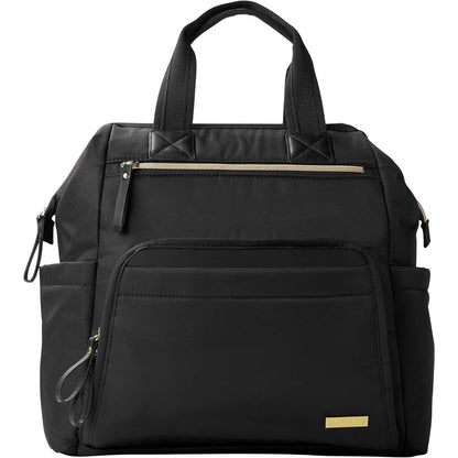 Skip Hop Mainframe Large Capacity Diaper Bag Backpack in black with gold trim front view