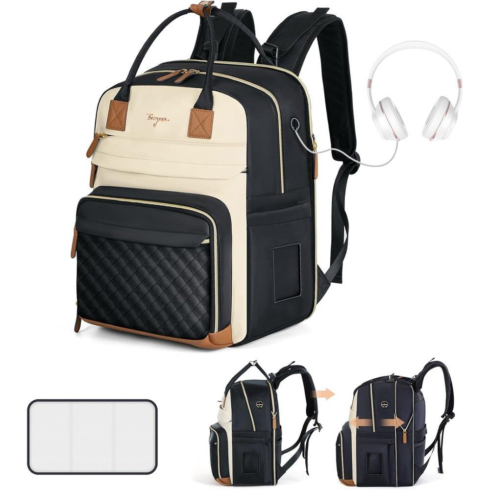 Tonyeee extra large diaper bag backpack front view in apricot and black color