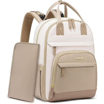 LOVEVOOK diaper bag backpack front view in beige khaki color with premium zippers.