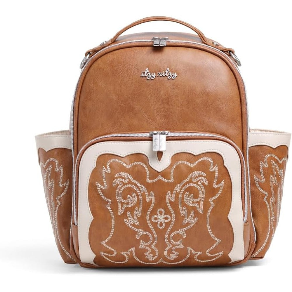 Itzy Ritzy Mini Plus Diaper Bag Backpack Saddle front view showcasing vegan leather and Western embroidery