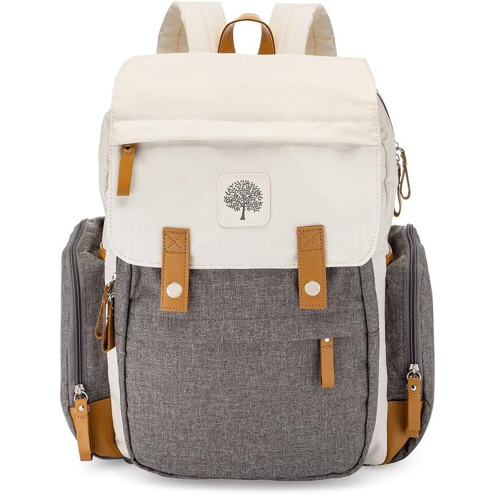 Parker Baby Co. Birch Bag Diaper Backpack front view in cream canvas with vegan leather accents