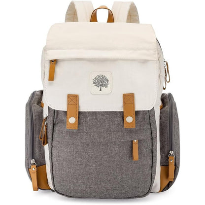 Parker Baby Co. Birch Bag Diaper Backpack front view in cream canvas with vegan leather accents