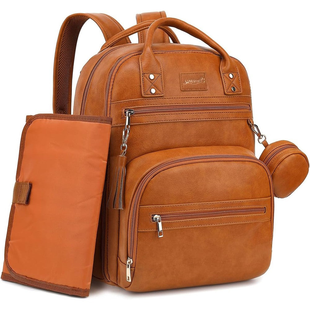 ROSEGIN premium vegan leather diaper bag backpack front view in brown