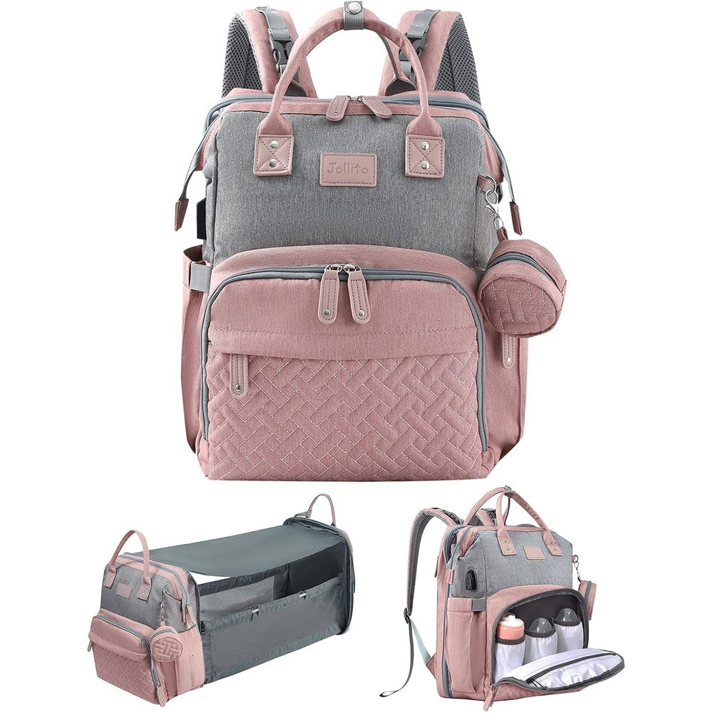 Jollito baby diaper bag backpack front view showcasing pink and grey color design