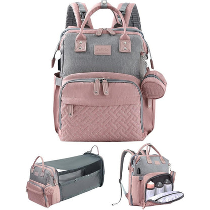JOLLITO baby diaper bag backpack front view in pink and grey showing quilted pocket design.