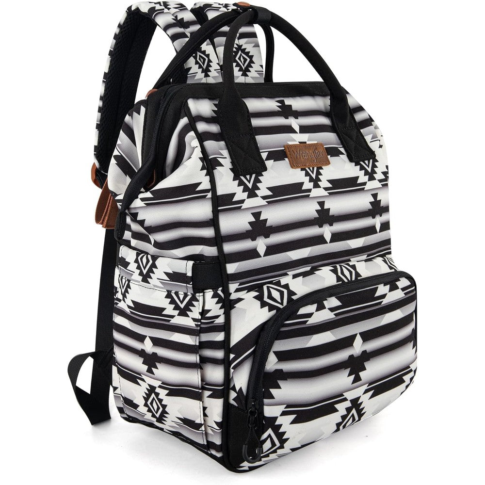 Montana West Wrangler Callie diaper bag backpack front view showcasing black Aztec pattern