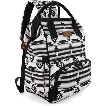Montana West Wrangler Callie diaper bag backpack front view showcasing black and white Aztec print