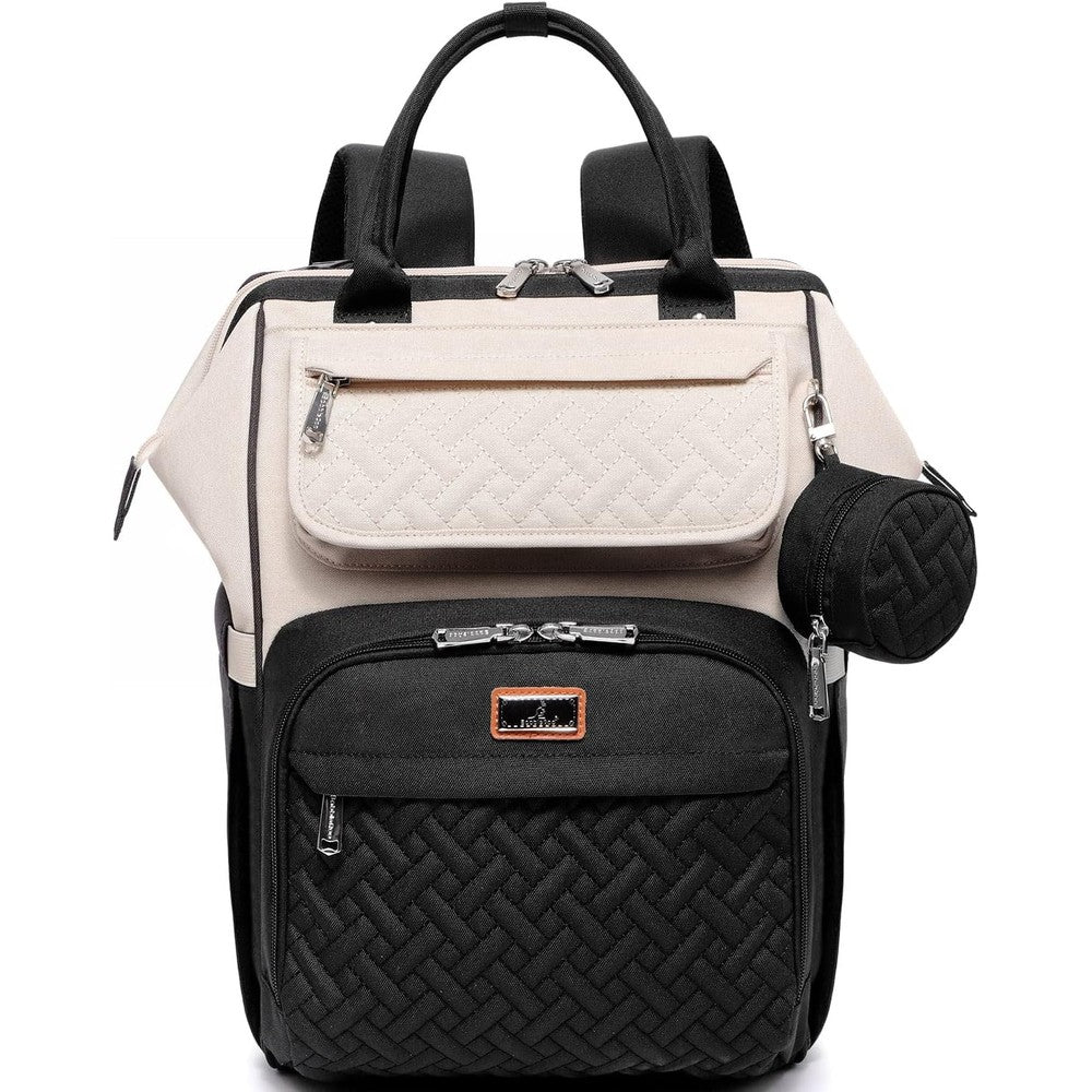 BabbleRoo diaper bag front view in apricot and black colorway
