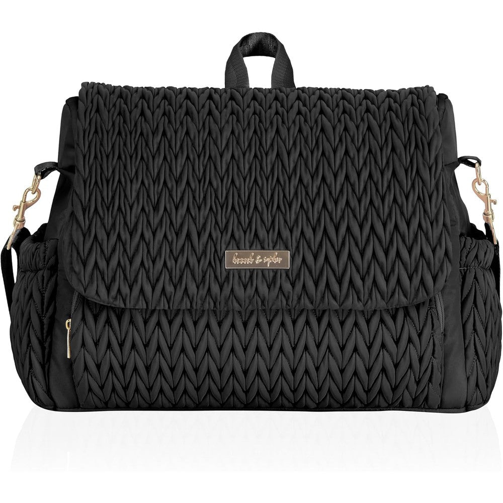 Hannah & Sophia Belle convertible baby diaper backpack in black front view showing quilted pattern and gold details.