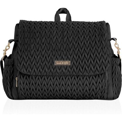 Hannah & Sophia Belle convertible baby diaper backpack in black front view showing quilted pattern and gold details.