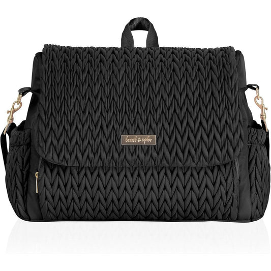 Hannah & Sophia Belle convertible baby diaper backpack in black front view showing quilted pattern and gold details.