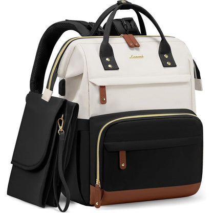 LOVEVOOK diaper bag backpack front view in black beige style showing premium waterproof fabric
