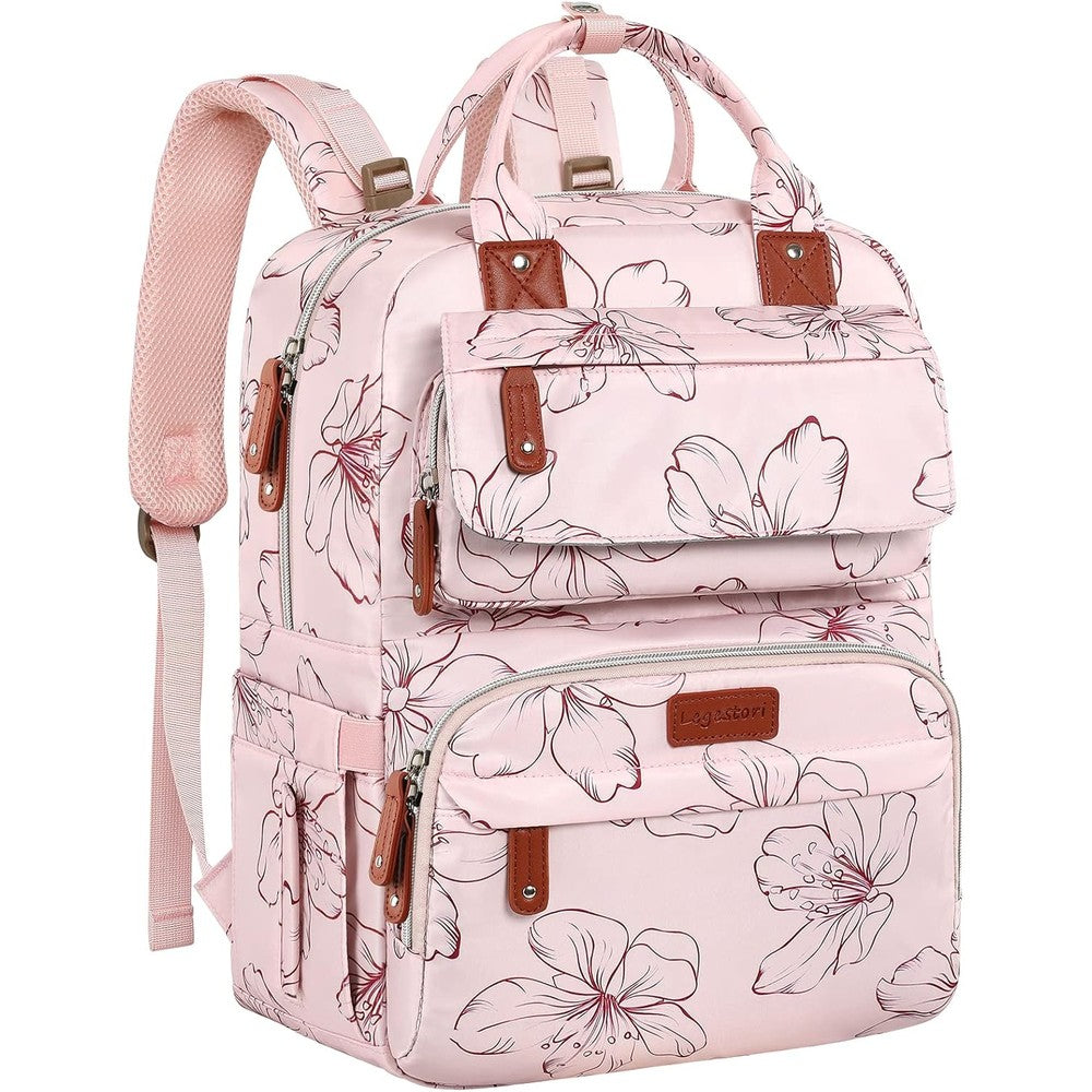 Legestori floral diaper bag backpack front view in elegant pink color pattern.