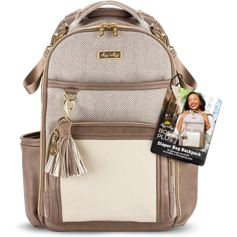 Itzy Ritzy Boss Plus diaper bag backpack front view in Vanilla Latte