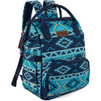 Wrangler Aztec diaper bag backpack front view showcasing navy blue southwestern print
