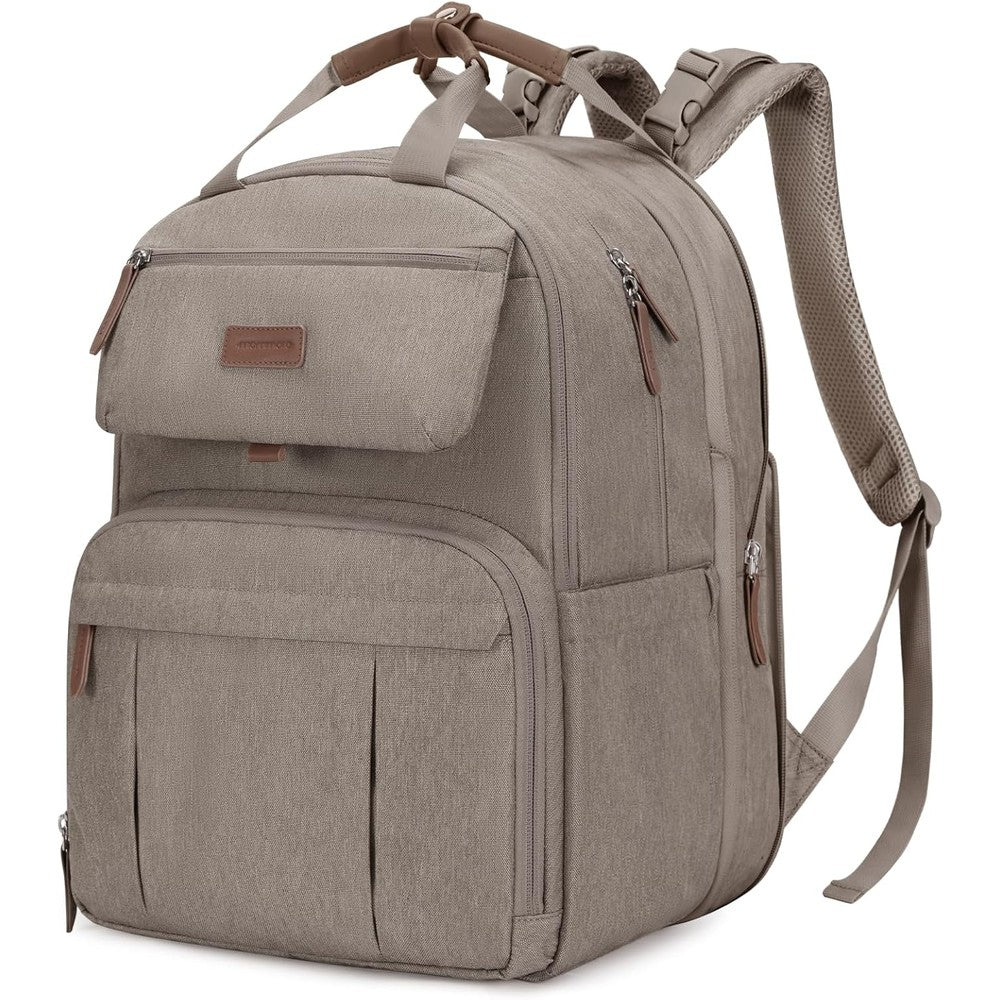 Mommore diaper bag backpack front view in neutral beige color showcasing the premium travel baby bag design