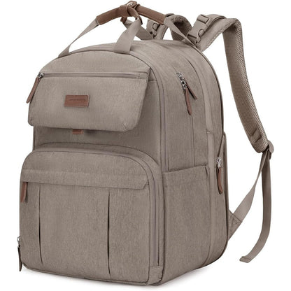 Mommore diaper bag backpack front view in neutral beige color showcasing the premium travel baby bag design