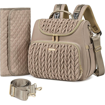 Tealari 4 in 1 convertible diaper bag backpack front view in taupe quilted nylon style.