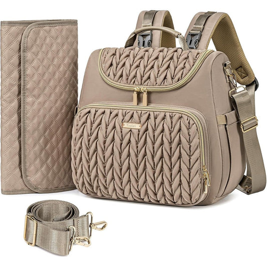 Tealari 4 in 1 convertible diaper bag backpack front view in taupe quilted nylon style.