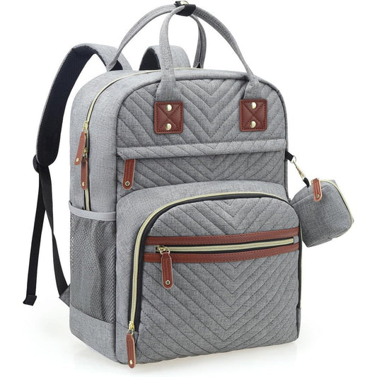 Tuwubi diaper bag backpack front view in grey chevron quilting with brown leather trim.