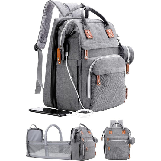 ISMGN diaper bag backpack in gray front view showcasing premium oxford fabric and zipped compartments
