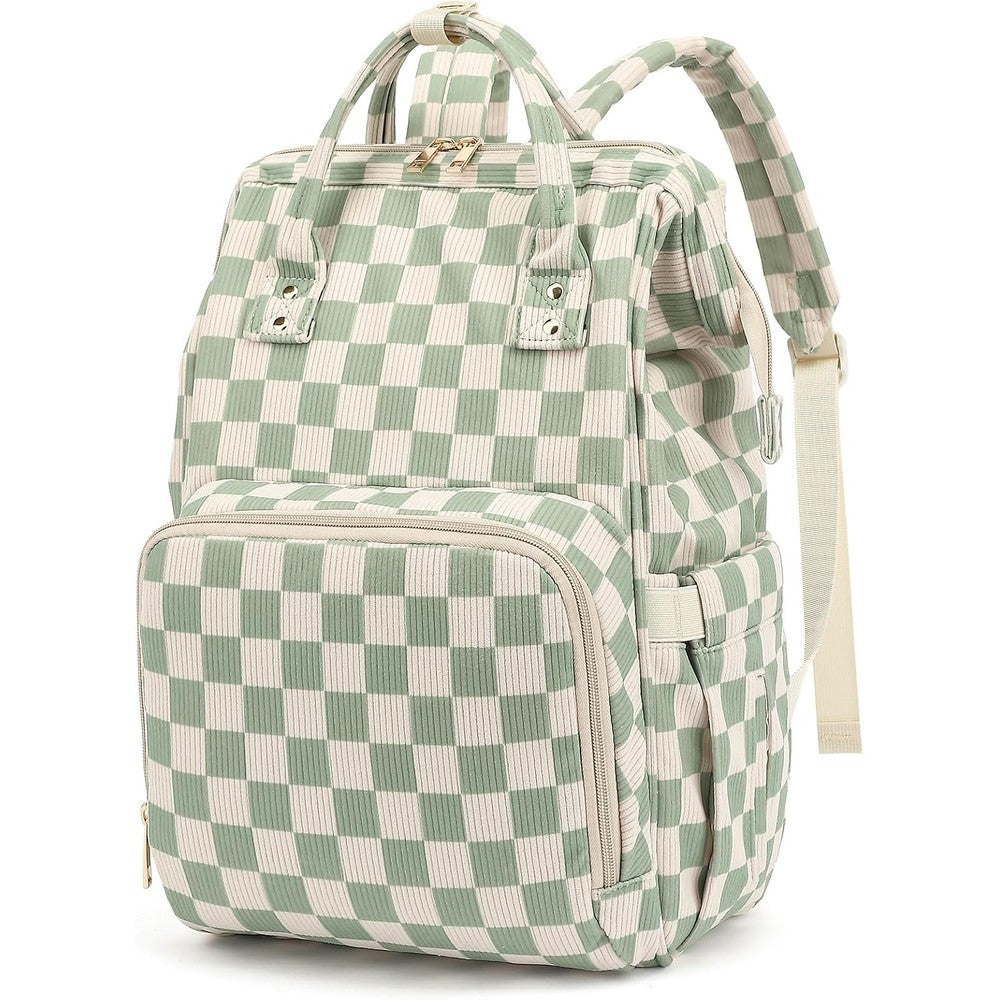 Dezcrab baby diaper bag backpack front view in green checkered corduroy pattern.