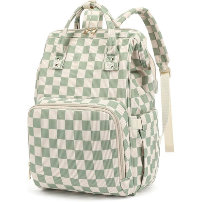 Dezcrab baby diaper bag backpack front view in green checkered corduroy pattern.