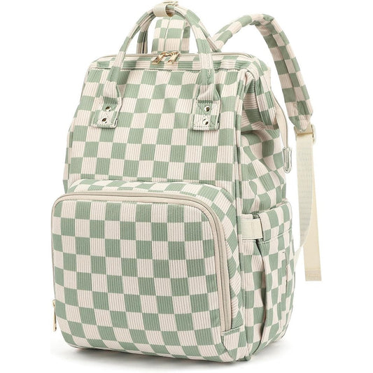 Dezcrab baby diaper bag backpack front view in green checkered corduroy pattern.