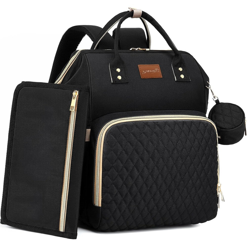 Rosegin quilted diaper bag backpack in black showing front view with premium gold-tone zippers.
