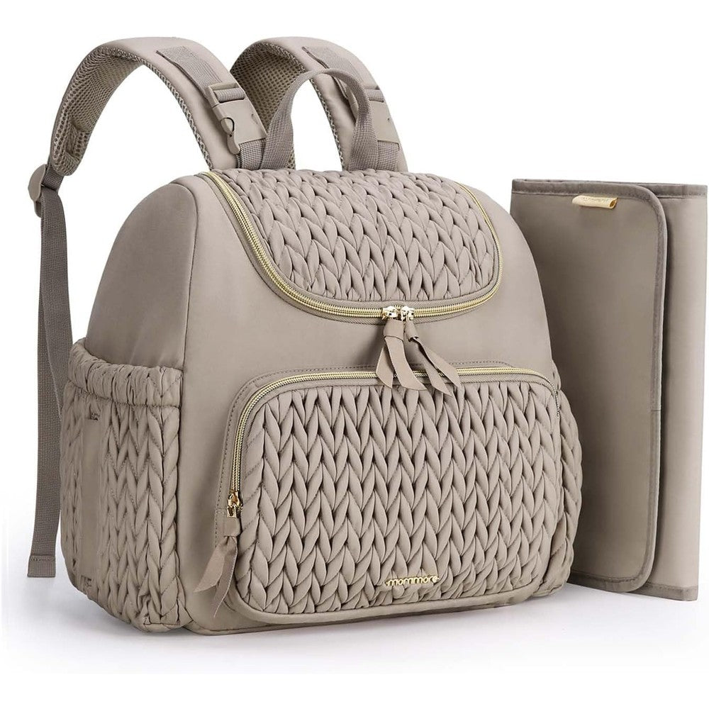 Mommore small diaper bag backpack front view showcasing quilted taupe design