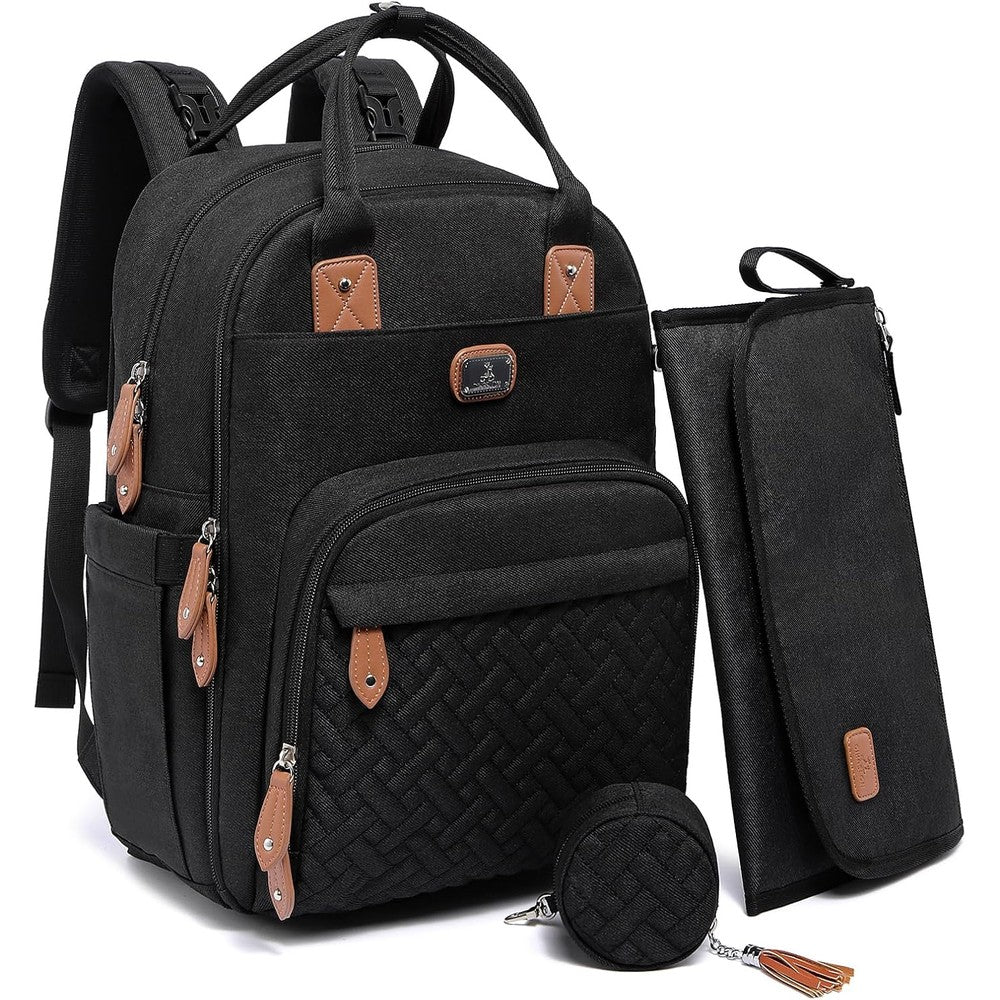 Dikaslon diaper bag backpack in black showing full front view loaded with baby essentials
