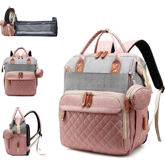 Lamroro diaper bag backpack with changing station front view in pink and grey quilted fabric