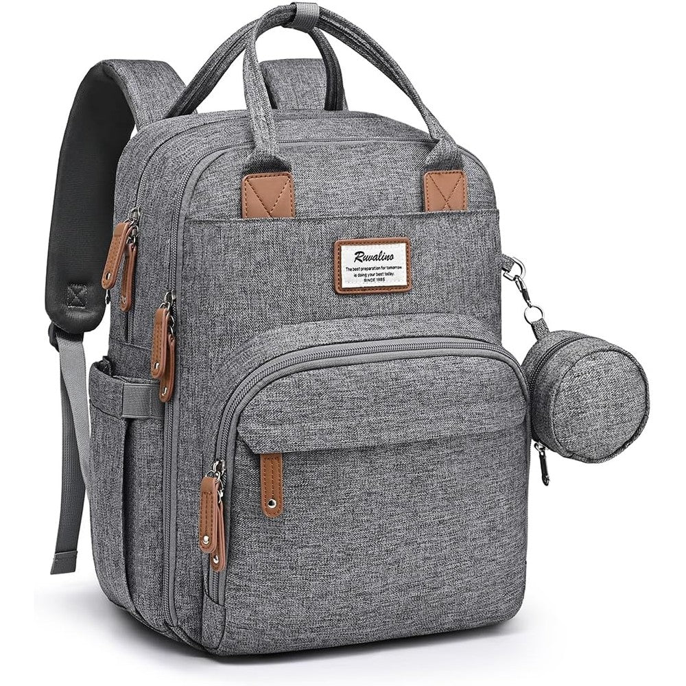 RUVALINO diaper bag backpack front view with gray waterproof finish